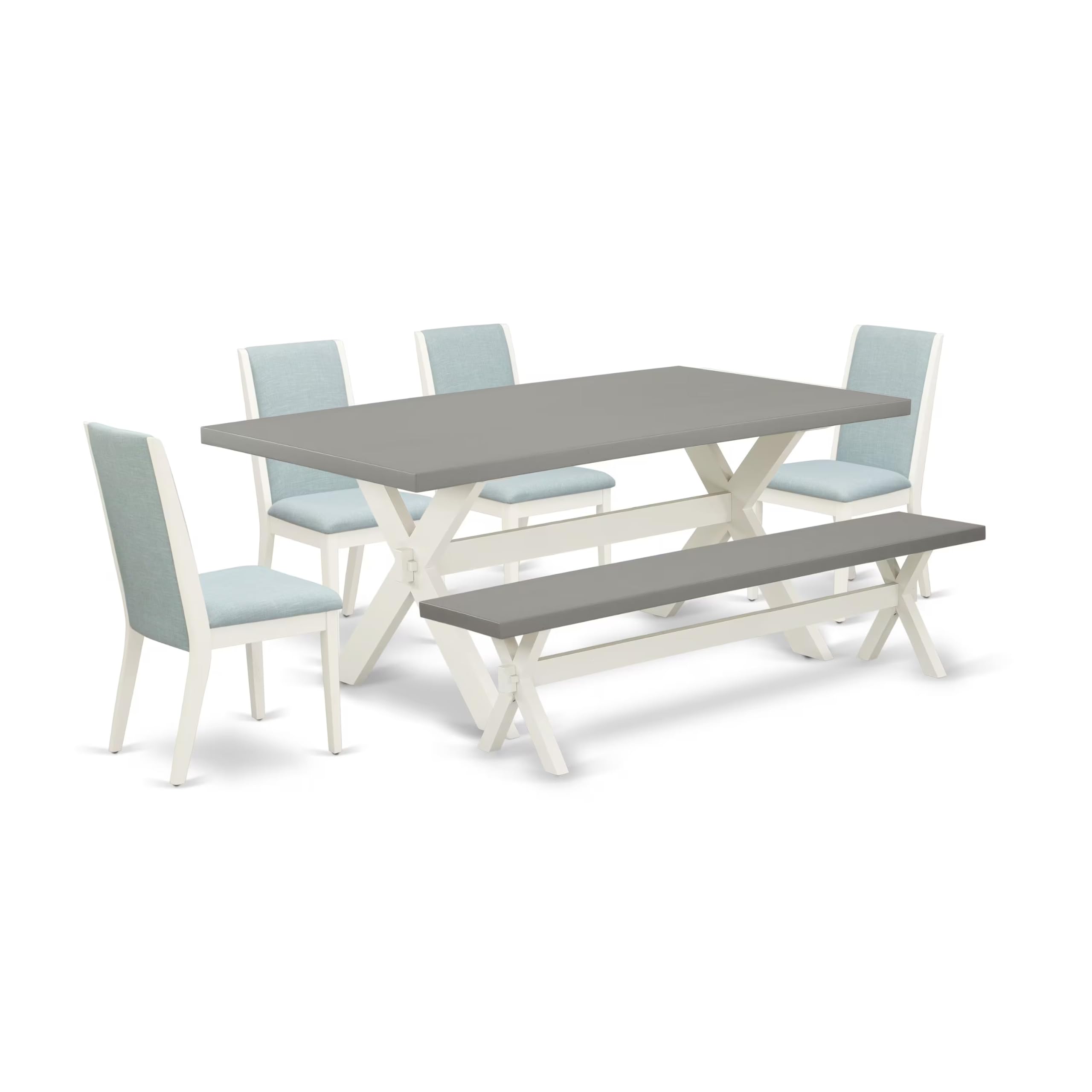 East West Furniture X097La015-6 6 Piece Kitchen Table Set Contains A Rectangle Dining Table With X-Legs And 4 Baby Blue Linen Fabric Parson Chairs With A Bench, 40X72 Inch, Multi-Color